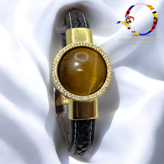 Bracelet pierre semi-precieuse cuir TIGER 35.90 noir doré-Photoroom
